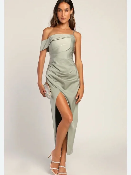 Sage One-Shoulder Asymmetrical Slit Evening Dress - Picture 1 of 4